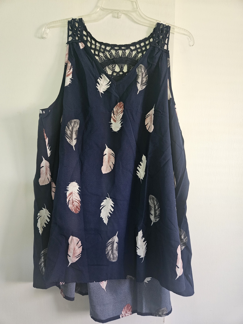 Women's Navy Feather Print Crochet-Yoke Tank Top